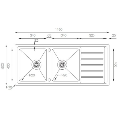 Kích thước chậu rửa bát đôi Dudoff SPOT MA5L (Rổ +khay cuộn)