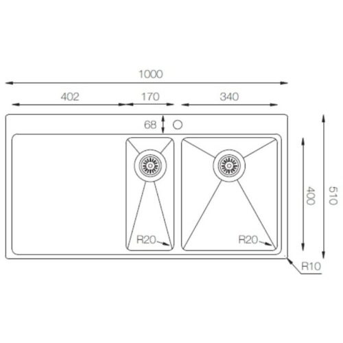 Kích thước chậu rửa bát đôi Dudoff SPOT MM2L (Thớt gỗ+rổ inox+khay cuộn)