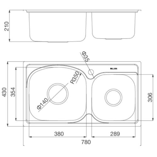 Kích thước chậu rửa chén bán thủ công Malloca MS 1011P