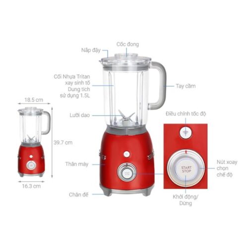 Kích thước máy say sinh tố Hafele Smeg BLF01RDEU 535.43.639 màu đỏ