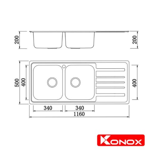 Kích thước chậu rửa bát inox 2 hố Konox KS11650 1D – Bàn phải