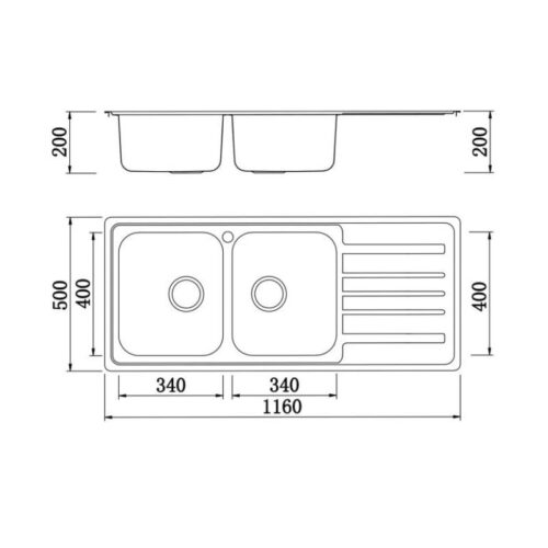 Kích thước chậu rửa chén bát Konox Premium KS11650 2B Bàn phải